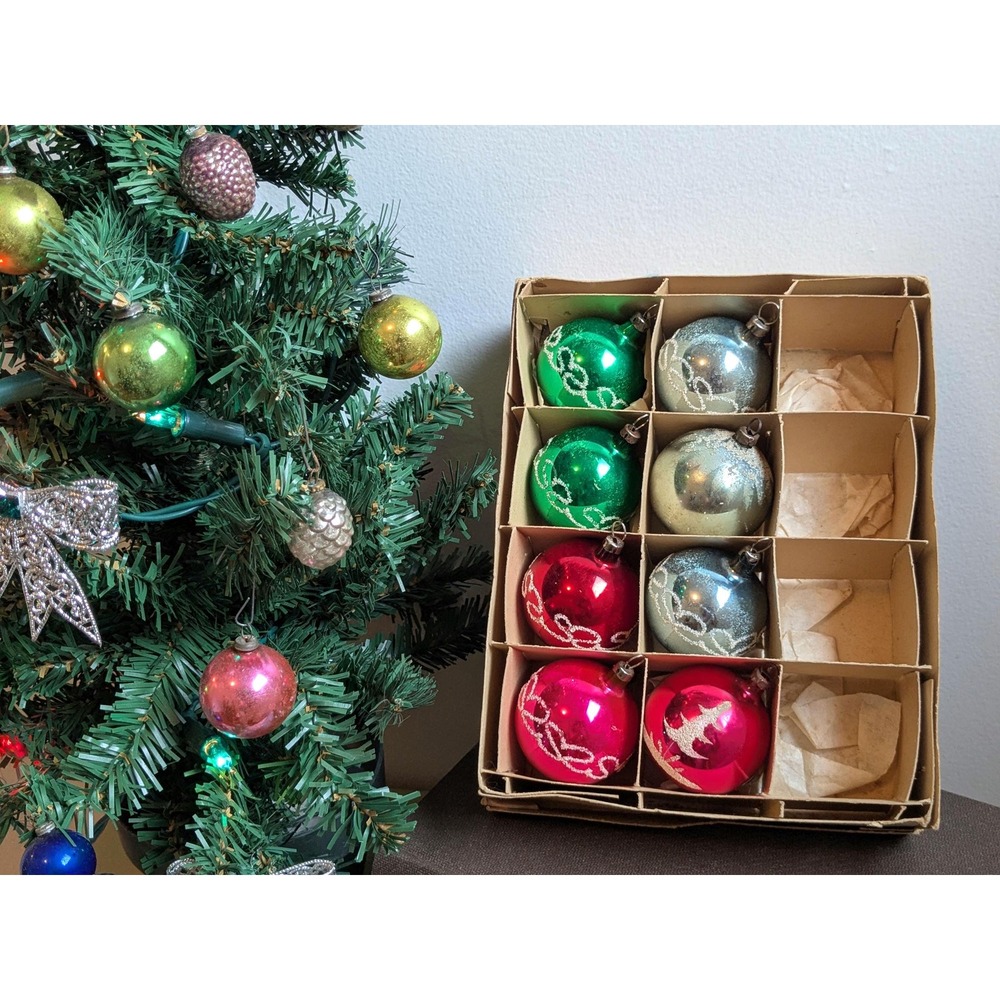Vintage East Germany Mercury Glass Christmas Ornaments Boxed Set of 8